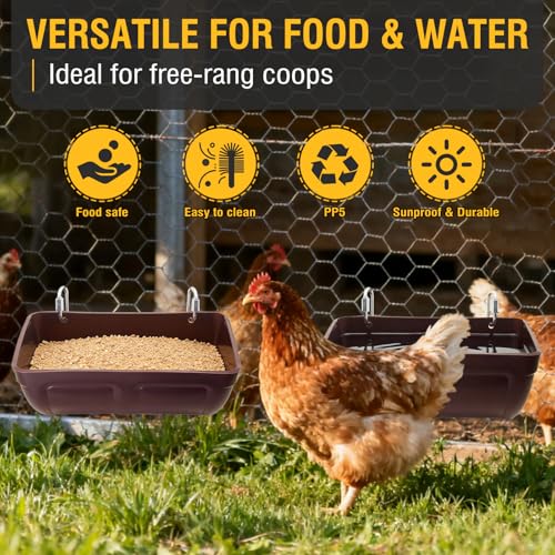 2 Pack Hanging Chicken Feeder Trough for Goat,Sheep,Dog.Livestock Feeding Container Goats Supplies Feeders Waterer Bucket (Brown) - color: Brown