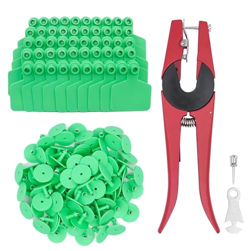 LIUCOGXI Blank 100 Pieces Livestock Ear Tags and Applicator Kit for Cattle, Pig, Horse, Camel etc., Oval, TPU, Green/Yellow/Blue/Orange, 100 Sets with Automatic Lock - color: Green