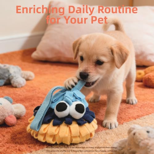 Pinecone Pet Snuffle Toy with BB Squeaker & Crinkle Paper | Interactive Hide and Seek Food Puzzle Toy | Hangable Design for Small Dogs & Small Pets | Mental Enrichment & Playtime Use (Blue) - color: blue