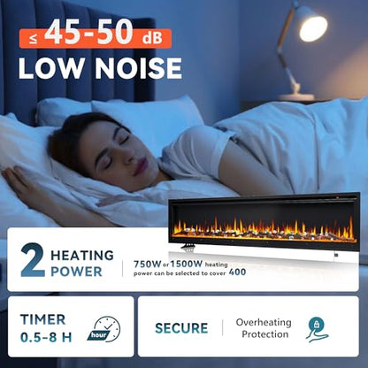EUHOMY 73 inch Electric Fireplace Recessed Wall Mounted Freestanding with Remote Control, Ultra-thin Fireplace Heater with Adjustable Flame Color, Linear Fireplace with Timer, Log & Crystal, 750/1500W - size: 73 Inch Premium