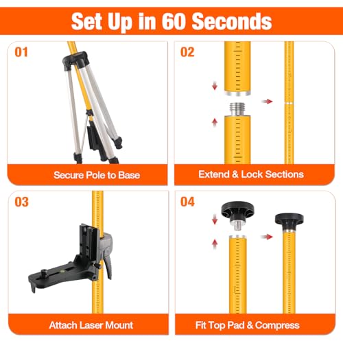 12Ft Telescoping Laser Level Pole with Tripod - Adjustable Laser Stand with Dual Thread Adapter (1/4"-20 & 5/8"-11) for Rotary and Line Lasers, Includes Carrying Case & Bubble Level(Yellow) - color: Yellow