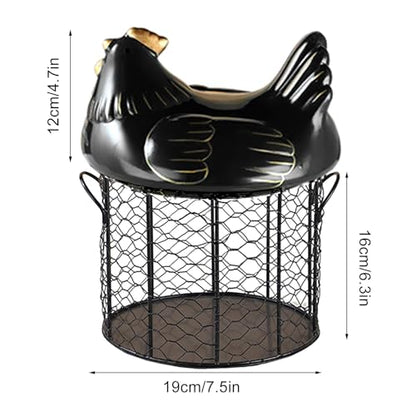 Chicken Egg Basket, Chicken Egg Holder, Black Wire Chicken Egg Collection Baskets with Ceramic Lid and Handle for Gathering Fresh Eggs, Farmhouse Style Egg Storage Container for Kitchen(Red) - color: Red