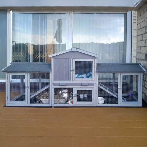 GUTINNEEN Rabbit Hutch Outdoor Large Chicken Coop with Cleaning Tray and Waterproof Roof Wooden Bunny Hutch PVC Floor Bottom for Small and Medium Bunny Rabbit Chick 87.8" L - color: Grey, size: 87.8"L x 20.5"W x 33.7"H