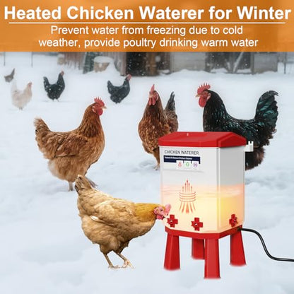 Heated Chicken Waterer 1.9 Gal, Winter, Freeze Proof Chicken Waterer, 4 Nipples for Clean Water，Detachable Legs, Adjustable Height for Chickens, Pigeons, Beaked Poultry