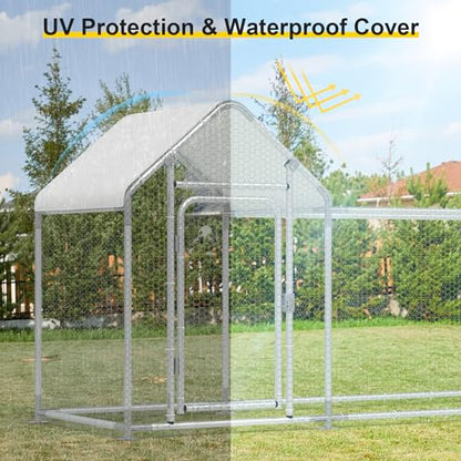 Metal Chicken Coop, Walk-in Chicken Run with Waterproof & Anti-UV Cover Poultry Cage Spire Roof with Lockable Door Chicken Hen House for Duck Rabbit Outdoor Farm - size: 113.5"L x 39.5"W x 59.0"H