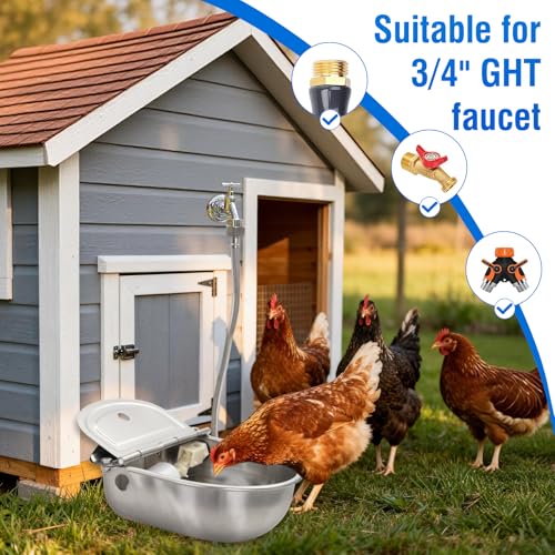 Automatic Livestock Water Bowl Float Valve Self-Filling Dog Goat Chicken | 304 Stainless Steel Animal Waterer Auto Refill, Horse Pig Cow Sheep Cat, Drainage, 3/4" GHT Hose & Mounting Bolts, Farm Ranch