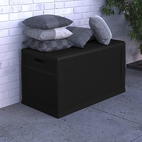 Merrick Lane Outdoor Storage Container - 120 Gallon Capacity - Black Weather Resistant Plastic - UV Treated to Prevent Fading - Chest Design with Hinged Lid