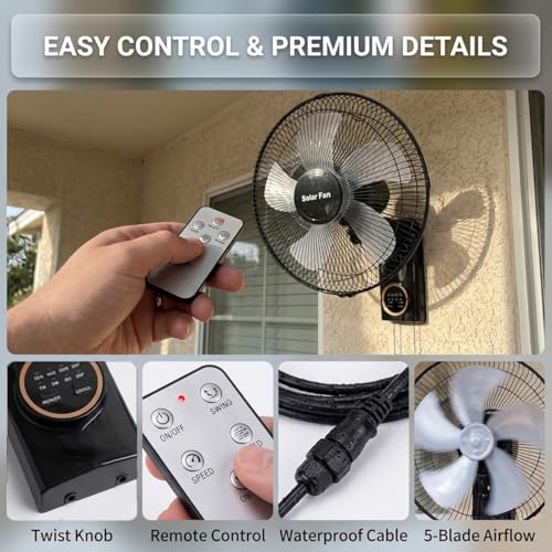 Solar Fans for Outside 16", Waterproof Wall Mounted Fan Indoor Outdoor, Oscillating Solar Powered Fan with Remote, 3 Speeds Quiet Porch Fan for Patio, Greenhouse, Garage, Barn