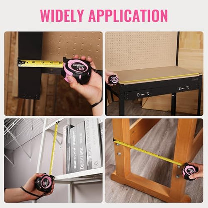 WORKPRO 25-FT Tape Measure with Fractions, 3 Brakes Retractable Measuring Tape, Compact Measurement Tape with Magnetic Hook, Nylon Coating Blade Accuracy 1/32”, Pink - style: 25-FT