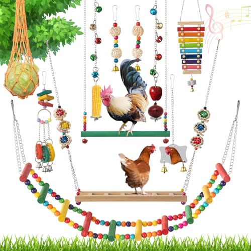 Little World Chicken Toys Complete Set of 12 – All-in-One Chicken Coop Accessories with Xylophone, Swing, Chicken Mirror, Ladder, Vegetable String Bag & Hanging Feeder Coop Toy for Happy Hens - size: 12PCS