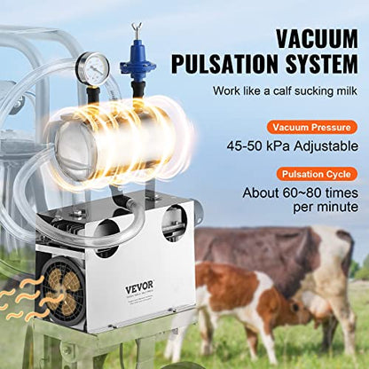VEVOR Goat Milking Machine, 12 L 304 Stainless Steel Bucket, Electric Automatic Pulsation Vacuum Milker, Portable Milker with Food-Grade Silicone Cups and Tubes, Adjustable Suction for Cows and Sheep | Automatic Pulsation Vacuum, Portable Milker with Food