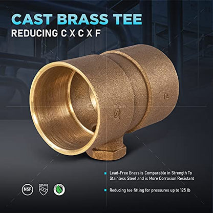 Everflow Supplies CCFT2212-NL C X C X F No Lead Cast Brass Tee Fitting with Solder Cups and Female Threaded Branch, 2" x 2" x 1/2" - size: 2" x 2" x 1/2"