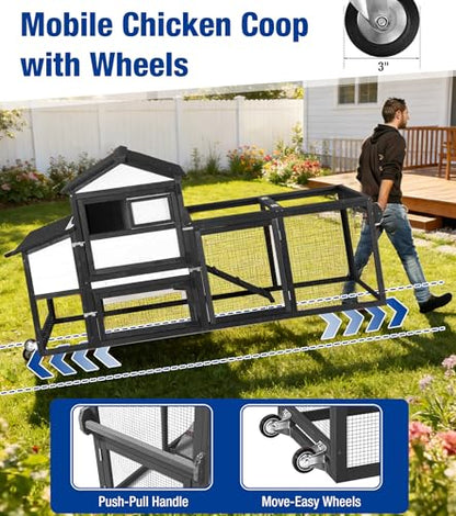 Chicken Coop with Run Mobile Large Chicken Coop with Wheels Duplex Chicken Cage with Slide-Out Tray Waterproof Roof Outdoor Backyard Hen House Black and White - color: Black and White