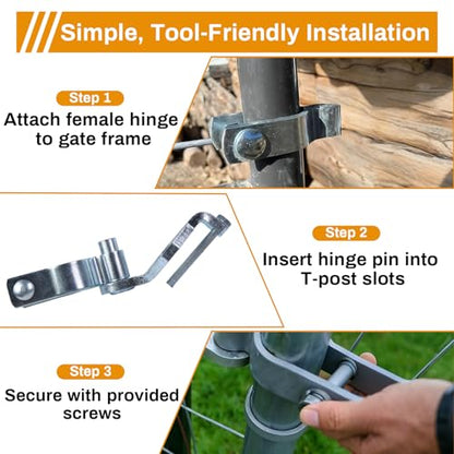 2-Pack T-Post Gate Hinge Kit for Chain Link Fence, Galvanized Steel 1-5/8" Female Hinge Pins with Hardware, 200+° Swing Easy Installation for Farm Garden Backyard Gate