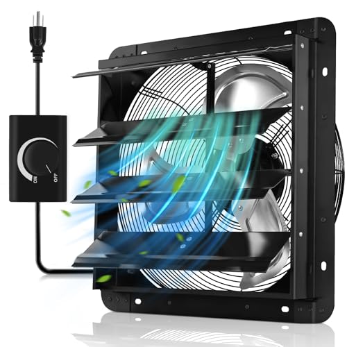 YOZON 16" Shutter Exhaust Fan with Speed Controller, Wall Mounted Wall Exhaust Fan, Automatic Shutter, High Speed, 1940CFM, Vent Fan for Garage, Greenhouse, Shed, Warehouse and Workshop - Black - size: 16 INCH Black