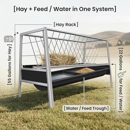 Stainless Steel Goat Feeder, 77 Gallon Anti-Waste Livestock Feeder, 2-in-1 Hay Rack & Rubber Trough, Heavy Duty Elevated Design for Goats, Sheep, Cattle, Use in Barn, Shed, Outdoor Pen