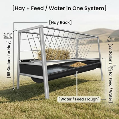 Stainless Steel Goat Feeder, 77 Gallon Anti-Waste Livestock Feeder, 2-in-1 Hay Rack & Rubber Trough, Heavy Duty Elevated Design for Goats, Sheep, Cattle, Use in Barn, Shed, Outdoor Pen