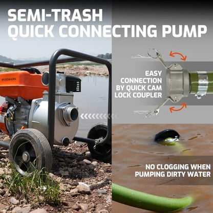 NOVUS 2-Inch Semi Trash Pump with Foldable Handle and Wheels, 212cc 4 Cycle Engine, 50ft Discharge Hose, 12ft Suction Hose with Quick Cam Lock Coupler,Gas Powered Irrigation Water Pump, EPA Certified - size: 2 Inch with Hose and Wheel