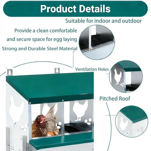 Wall Mounted Chicken Nesting Box – Weather Resistant Galvanized Steel Poultry Nest with 10 Absorbent Pads & 4 Fake Eggs, Egg Roll-Away System & Protective Lid for Coop, Barn, Backyard Hen House - size: 10 Room&Mat eggs