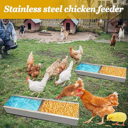 2 Pack Multifunctional Chicken Feeder, Hanging Chicken Feed Trough, Stainless Steel Trough, Chicken Feeder and Waterer Set, for Poultry Livestock. (40 * 11 * 7cm)