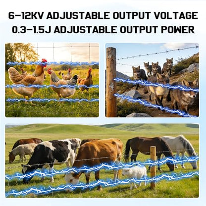 6-12KV Adjustable Output Solar Charger,30 Miles Solar Electric Fence Charger,1.5J Solar Fence Charger,15W Solar Powered Electric Fence Kit for Livestock,24H Uninterrupted Protection - color: Gray