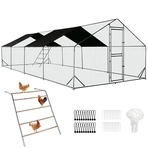 XCL Large Metal Chicken Coop, 26×10×6.5FT Walk-in Chicken Run, Spire Roof Poultry Cage with Waterproof Anti-UV Cover, Roosting Perch Outdoor Backyard Farm Enclosure for Duck Chicken (4-Unit Coop) - size: 4-Unit Coop