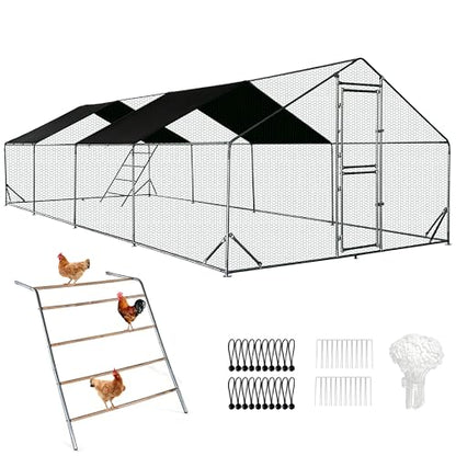 XCL Large Metal Chicken Coop, 26×10×6.5FT Walk-in Chicken Run, Spire Roof Poultry Cage with Waterproof Anti-UV Cover, Roosting Perch Outdoor Backyard Farm Enclosure for Duck Chicken (4-Unit Coop) - size: 4-Unit Coop
