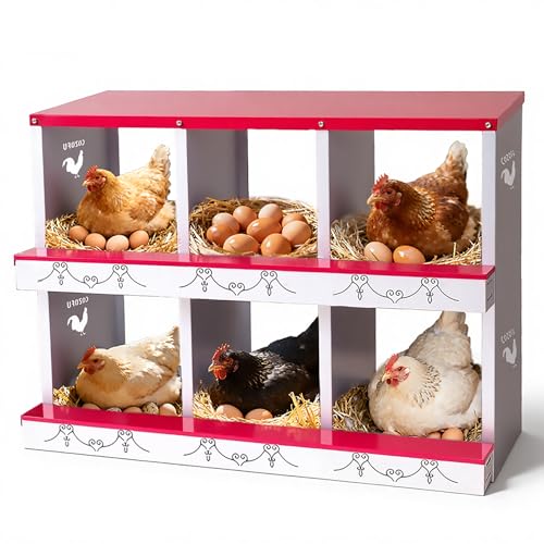 Chicken Nesting Box 6 Compartment Metal Chicken Rollout Egg Collection Laying Hens Ducks Large Heavy Duty Vented Holes Easy Clean Poultry Nest Box Chicken Coop Red - color: Red, size: 6 HOLE