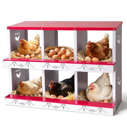 Chicken Nesting Box 6 Compartment Metal Chicken Rollout Egg Collection Laying Hens Ducks Large Heavy Duty Vented Holes Easy Clean Poultry Nest Box Chicken Coop Red - color: Red, size: 6 HOLE