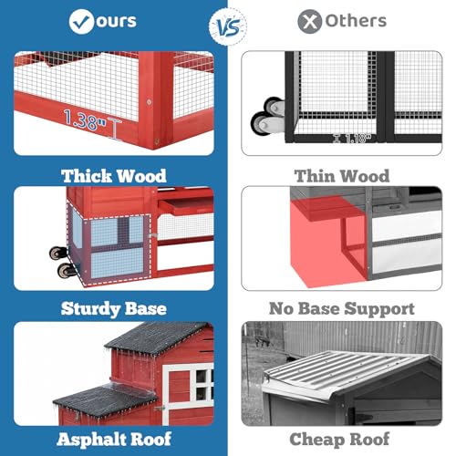 Chicken Coop with Wheels for 4-6 Chickens, Mobile Hen House with Run, Outdoor Chicken Coop, Ventilated Window, Easy-Clean Nesting Box, Weatherproof Asphalt Roof, 82.7” L x 25.6” W x 44.1” H, Red - color: Red