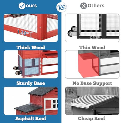 Chicken Coop with Wheels for 4-6 Chickens, Mobile Hen House with Run, Outdoor Chicken Coop, Ventilated Window, Easy-Clean Nesting Box, Weatherproof Asphalt Roof, 82.7” L x 25.6” W x 44.1” H, Red - color: Red