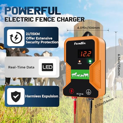 12KV Electric Fence Charger with LED Indicator, 2 Joules Pulse Energy, 10 Miles Range, Prevents Wild Animals Intrusion for Livestock Poultry, Farm Animals, Pets, Ranches, Gardens - color: Orange