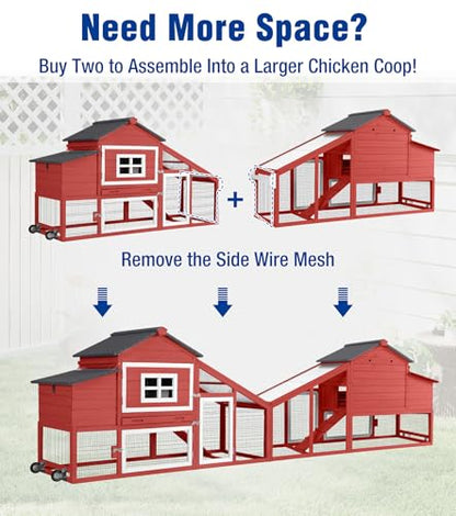 Chicken Coop with Run and Wheels Outdoor Poultry Hen House with Slide-Out Tray Chicken Cage Weatherproof Roof Predator-Proof for Backyard Red - color: 72.3"L Red & White