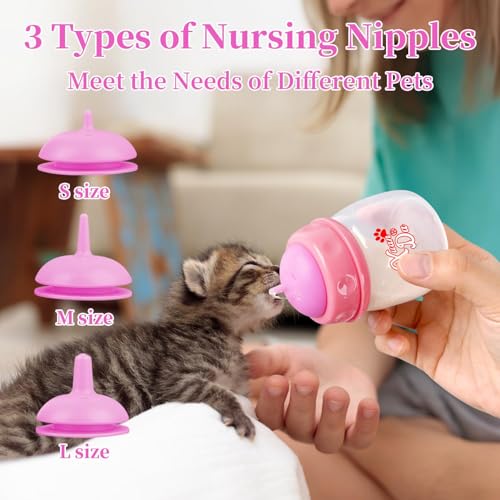 Pet Feeding Bottle and Syringes,60ml Nursing Bottle, 3 Sizes Nipples with Ventilation Valve Resistant Tearing Perfect for Puppies, Kittens, Small Wildlife (Pink) - color: Pink