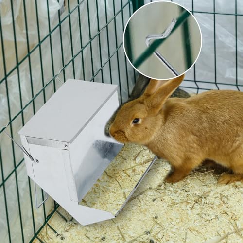 Maxcheck 2 Pcs Rabbit Feeder for Cages Small Animal Food Pellet Dispenser with Lid Metal Chicken Grit Oyster Shell Squirrel Feeders Outside(7.7 Inches,Mesh Bottom,Silver) - color: Silver, size: 7.7 Inches