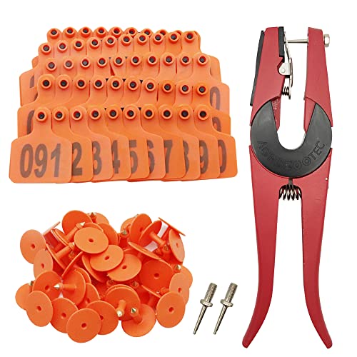 Cattle Ear Tags 001-100 Number Plastic Livestock Animal Tag for Cows Ear Tag Applicator Kit (001-100, Orange) - color: Orange