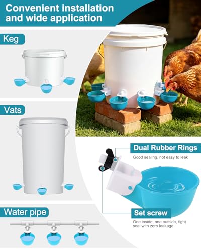 Chicken Waterer Cups (8 Pack) with 3/8" Drill Bit - Light Blue | Automatic Poultry Drinker Feeder Kit for Chickens, Ducks, Turkeys, Quail, Bunnies | DIY Gravity Fed Bucket Water Dispenser - color: Light Blue, size: 8 Pack + Drill bit