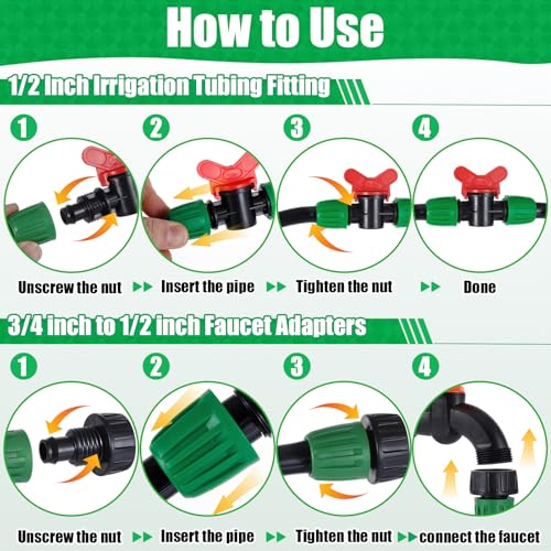 28 Pcs 1/2 Inch Drip Irrigation Fittings Kits,Drip Hose Connector for 1/2" Irrigation Tubing(1/2" ID x0.6-0.63"OD) with 6 Tees,6 Couplings,4 Switch Valves,4 End Cap, 4 Elbows,4 Faucet Adapter - size: 28 PCS 1/2 Fitting