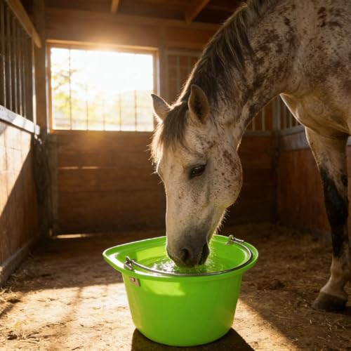 Horse Feeder Livestock Feeding Container Sturdy PP Metal Bucket Ergonomic Handle Portable Suitable for Ranch barn Stable Livestock Feeding, Green - color: Green