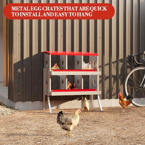 Chicken Nesting Box,6 Compartments Galvanized Steel Metal Chicken Laying Box with Roll Out Egg Collection,Wall Mount Chicken Nesting Boxes,Easy Egg Collection, Hen Roosting Boxes - color: Red, size: 6 Holes with Legs