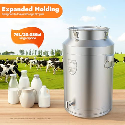 Milk Can, 20 Gallon (76L) 304 Stainless Steel Sealed Bucket with Spigot and Lid - Large Food & Beverage Dispenser Container for Water, Wine, Oil, Tea, and Dry Goods (76L) - size: 76L