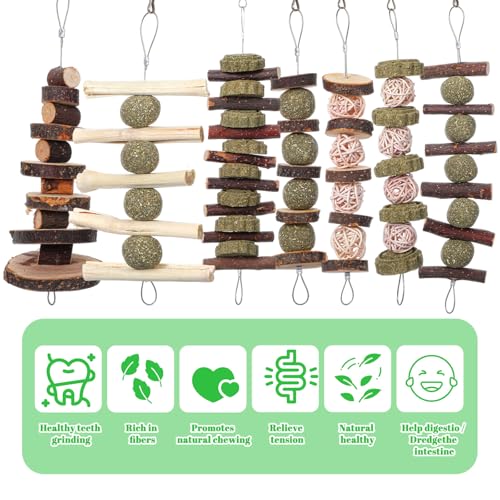 7 Pcs Bunny Chew Toys, Natural Apple Wood Hanging Rabbit Chew Toy Treats for Guinea Pigs Hamsters Chinchilla Ferret Rats, Improve Small Animal Dental Health for Teeth Grinding