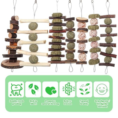 7 Pcs Bunny Chew Toys, Natural Apple Wood Hanging Rabbit Chew Toy Treats for Guinea Pigs Hamsters Chinchilla Ferret Rats, Improve Small Animal Dental Health for Teeth Grinding