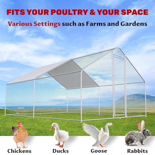 Large Chicken Coop Walk-in Metal Poultry Chicken Run Pen Rabbits Habitat House Spire Shaped Coop with Waterproof and Anti-UV Cover for Outdoor Backyard Farm Use(Steeple 2 Room) - size: 156"L x 118"W x 78"H