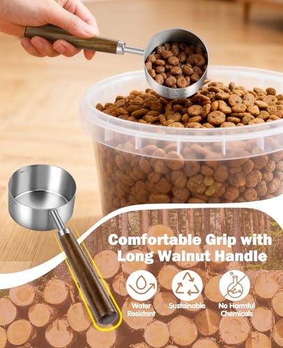 Stainless Steel Dog Food Scoop, Dog Food Measuring Cup With Measuring Lines (Cup/ML) & Long Wooden Handle, Metal Pet Food Scoop For Dogs, Cats and Kitchen Use, Dishwasher Safe (1/4 CUP) - size: 1/4 CUP