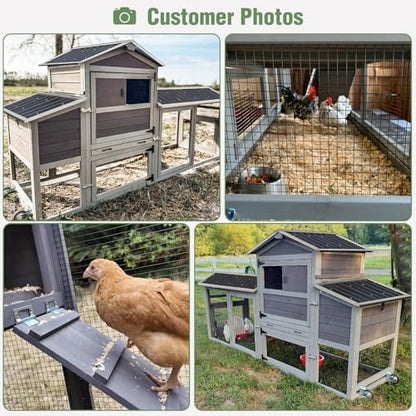 Mobile Chicken Coop with Wheels for 4-6 Chickens, Large Wooden Hen House Expandable Duck Cage with Run, 2 Nesting Boxes, Easy Clean Pull-Out Tray, Waterproof Asphalt Roof (Grey) - size: 80.6"L x 26.6"W x 42.4"H