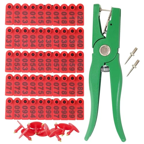 Sheep Ear Tag 001-100 Number Plastic Livestock Tags Goat with Punch Applicator Plier Tools and 2Pcs Ear Tag Pins (Red, 001-100) - color: Red, size: 001-100