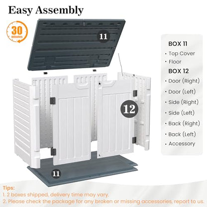 Amopatio Premium Resin Outdoor Storage Shed, 35 Cu Ft, White | Horizontal, Trash Can Storage, Weather Resistance, W/Lock, For Garbage Cans, Garden Tools, Lawn Mowers, Patio