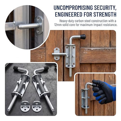 6.5 Inch Spring Loaded Latch Pin, Heavy Duty Metal Barrel Bolt Door Lock with Powder Coated Finish, 12mm Thick Gate Latch for Sheds, Utility Trailers and Corral Gates
