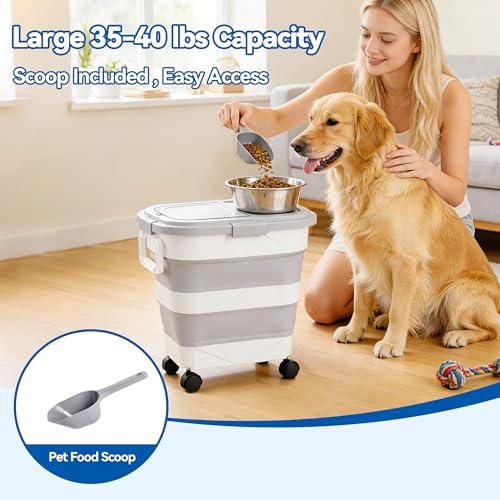 Dog Food Storage Container 30-40lbs, Airtight Pet Food Bin with Locking Lid & Clear Window, Collapsible Rolling Storage Container with Wheels & Scoop, Gray - color: Gray-L